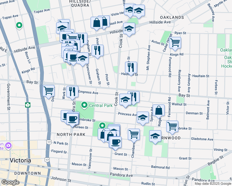 map of restaurants, bars, coffee shops, grocery stores, and more near in Victoria