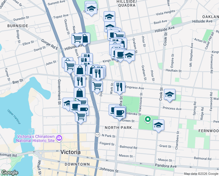 map of restaurants, bars, coffee shops, grocery stores, and more near 2312 Wark Street in Victoria