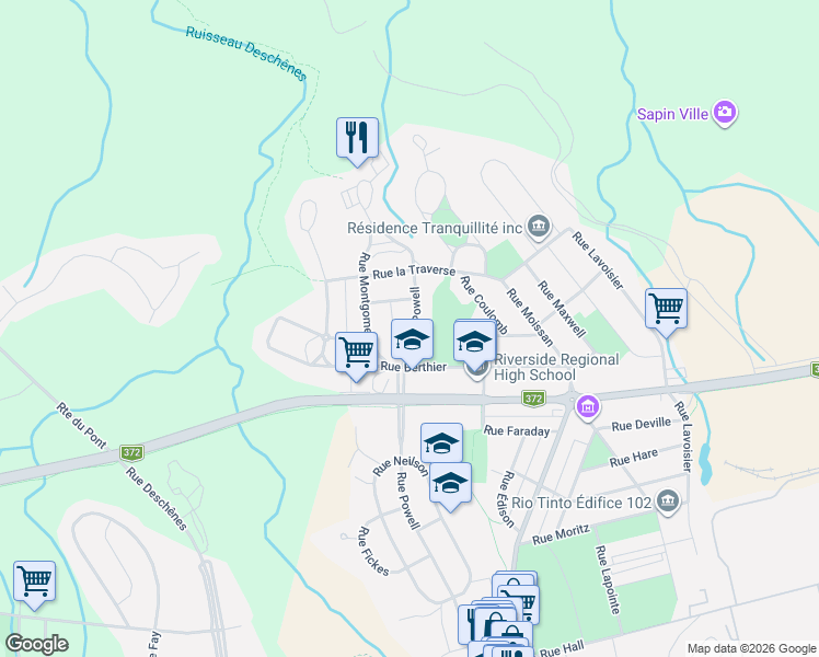map of restaurants, bars, coffee shops, grocery stores, and more near 1754 Rue Powell in Saguenay