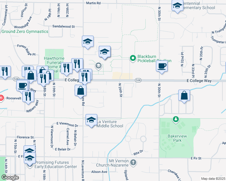 map of restaurants, bars, coffee shops, grocery stores, and more near 1617 North 26th Street in Mount Vernon