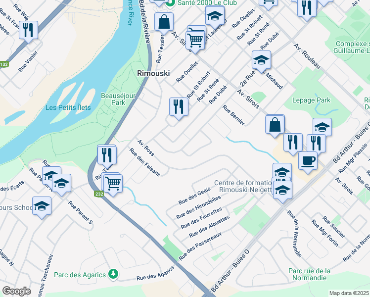 map of restaurants, bars, coffee shops, grocery stores, and more near 383 2e Rue Ouest in Rimouski