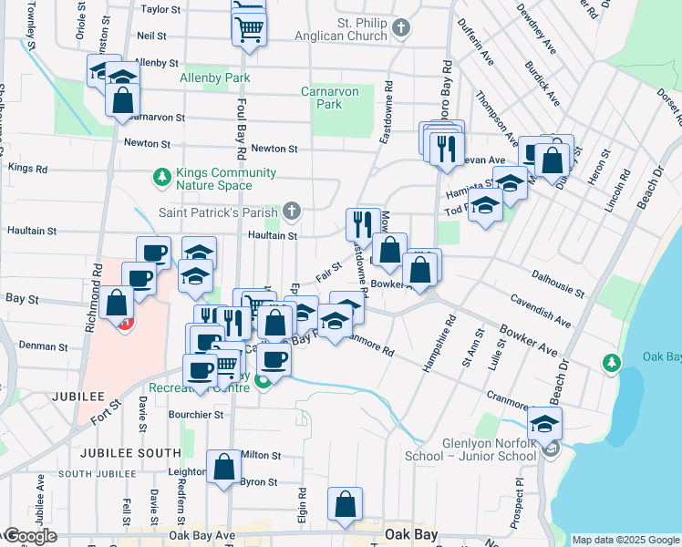 map of restaurants, bars, coffee shops, grocery stores, and more near 2165 Fair Street in Victoria