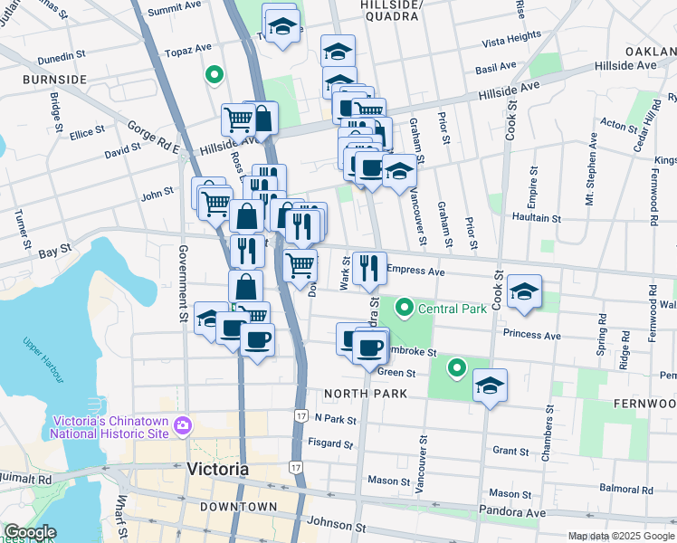 map of restaurants, bars, coffee shops, grocery stores, and more near 2312 Wark Street in Victoria