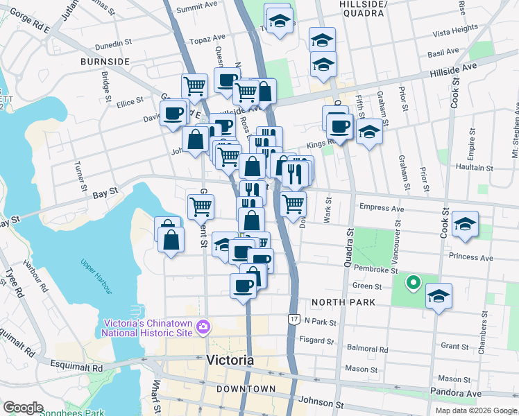 map of restaurants, bars, coffee shops, grocery stores, and more near 723 Field Street in Victoria