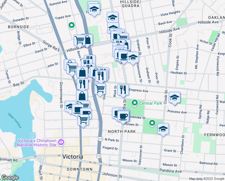 map of restaurants, bars, coffee shops, grocery stores, and more near 2412 Wark Street in Victoria
