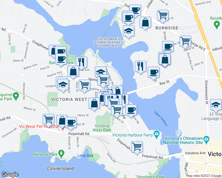 map of restaurants, bars, coffee shops, grocery stores, and more near 770 Central Spur Road in Victoria