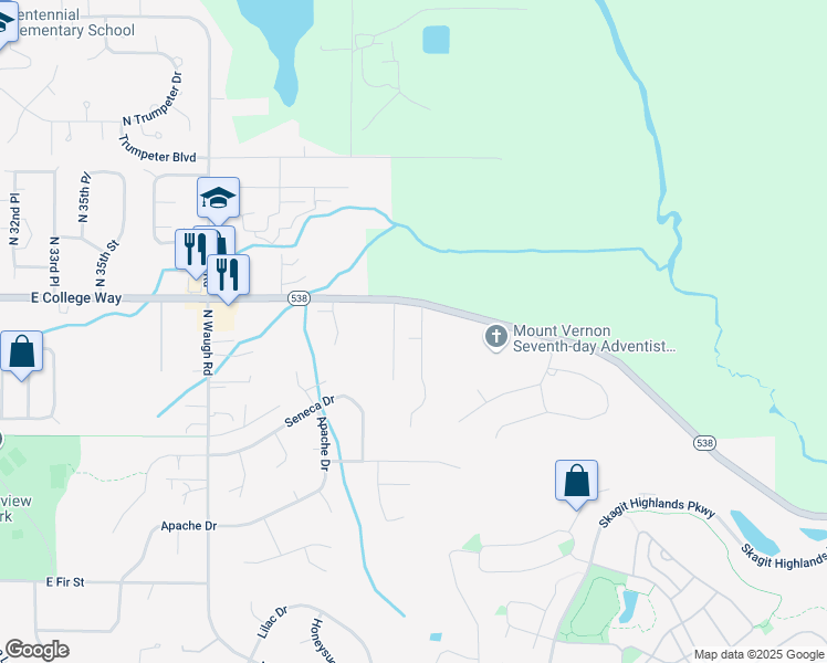 map of restaurants, bars, coffee shops, grocery stores, and more near 4308 East College Way in Mount Vernon