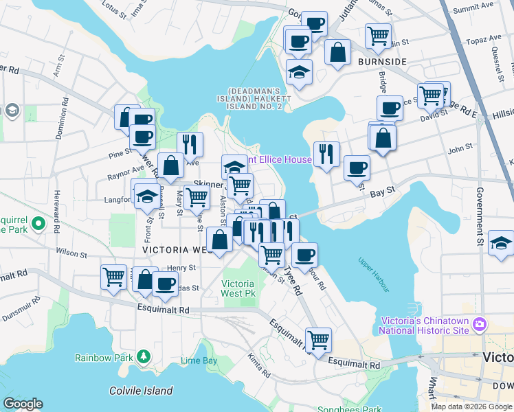 map of restaurants, bars, coffee shops, grocery stores, and more near 770 Central Spur Road in Victoria