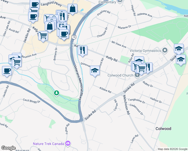 map of restaurants, bars, coffee shops, grocery stores, and more near 3046 Pickford Road in Victoria
