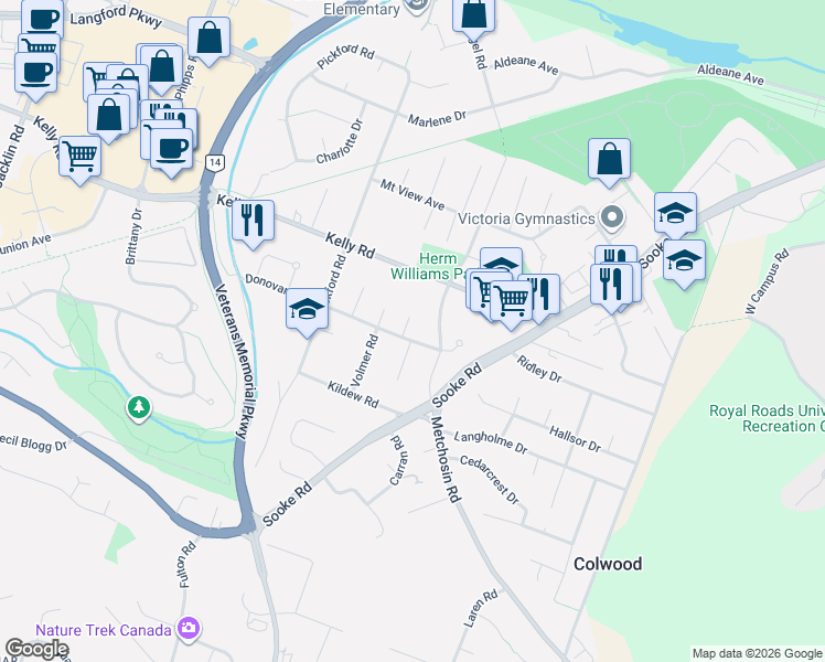 map of restaurants, bars, coffee shops, grocery stores, and more near 3021 Freethy Place in Victoria