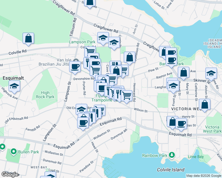 map of restaurants, bars, coffee shops, grocery stores, and more near 846 Viewfield Road in Victoria