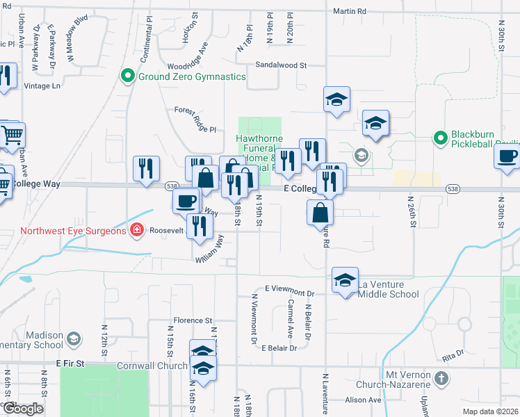 map of restaurants, bars, coffee shops, grocery stores, and more near 1610 North 19th Street in Mount Vernon