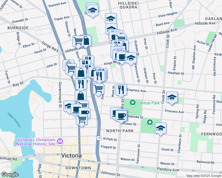 map of restaurants, bars, coffee shops, grocery stores, and more near 2408 Wark Street in Victoria
