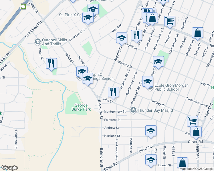 map of restaurants, bars, coffee shops, grocery stores, and more near 265 Algonquin Avenue South in Thunder Bay