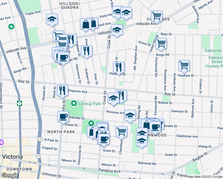 map of restaurants, bars, coffee shops, grocery stores, and more near 1123 Bay Street in Victoria