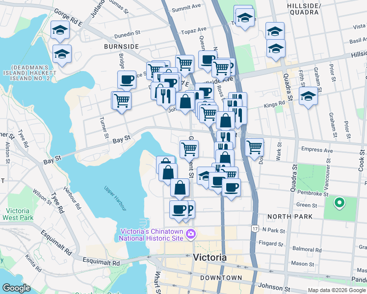 map of restaurants, bars, coffee shops, grocery stores, and more near 2330 Government Street in Victoria