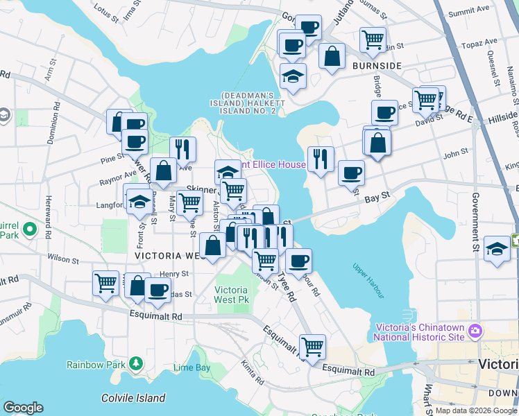 map of restaurants, bars, coffee shops, grocery stores, and more near 770 Central Spur Road in Victoria