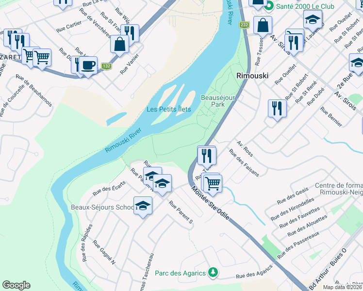 map of restaurants, bars, coffee shops, grocery stores, and more near 400 Boulevard de la Rivière in Rimouski