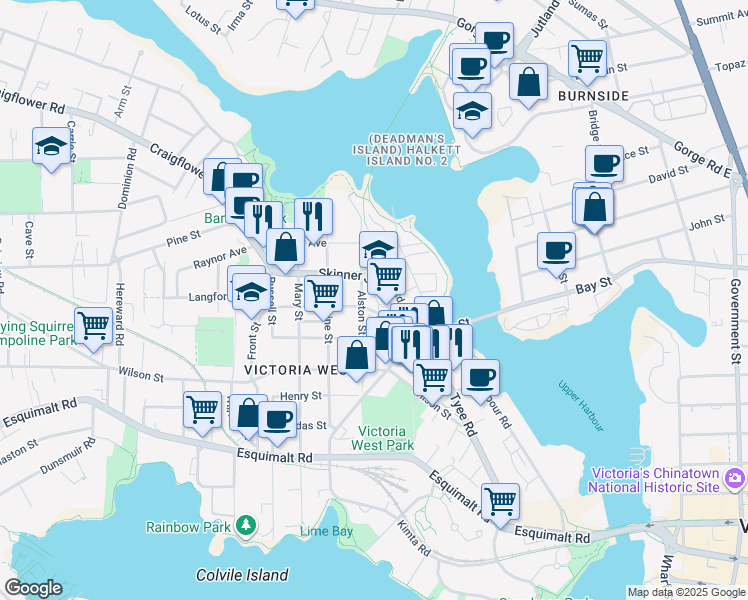 map of restaurants, bars, coffee shops, grocery stores, and more near 163 Langford Street in Victoria