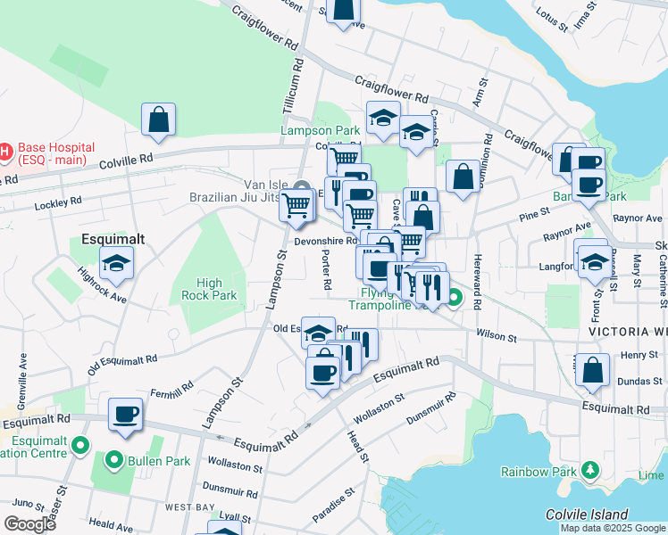 map of restaurants, bars, coffee shops, grocery stores, and more near 741 Porter Road in Victoria