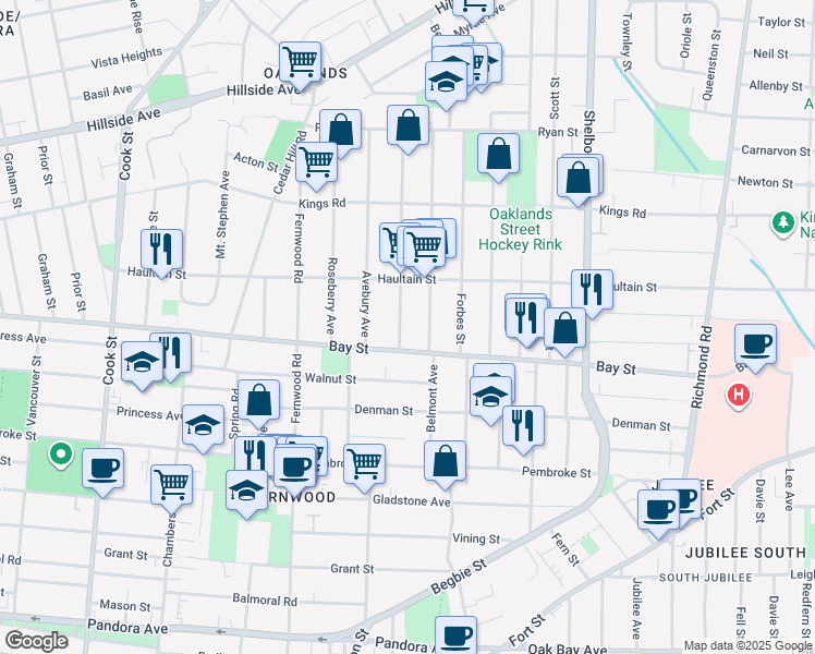 map of restaurants, bars, coffee shops, grocery stores, and more near 2523 Asquith Street in Victoria