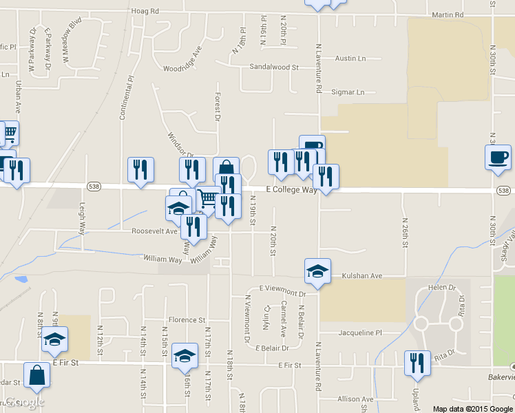 map of restaurants, bars, coffee shops, grocery stores, and more near 1610 North 19th Street in Mount Vernon