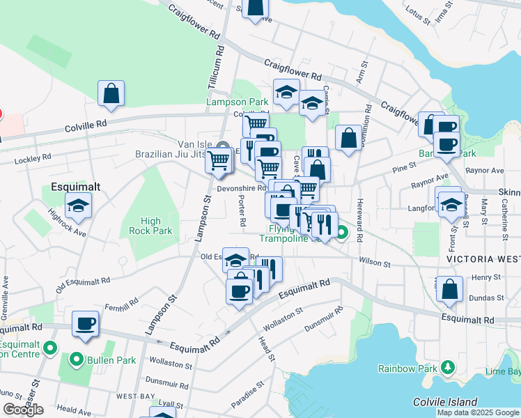 map of restaurants, bars, coffee shops, grocery stores, and more near 741 Porter Road in Victoria