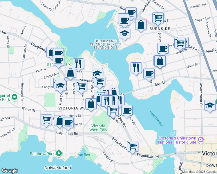 map of restaurants, bars, coffee shops, grocery stores, and more near 770 Central Spur Road in Victoria