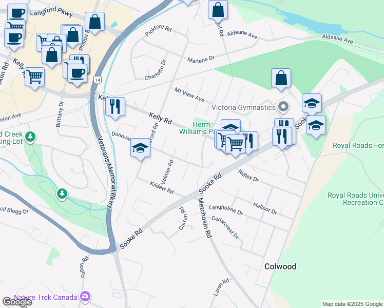 map of restaurants, bars, coffee shops, grocery stores, and more near 3021 Freethy Place in Victoria
