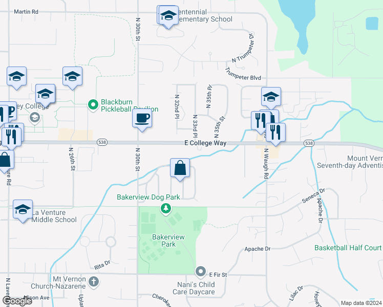 map of restaurants, bars, coffee shops, grocery stores, and more near 3310 East College Way in Mount Vernon