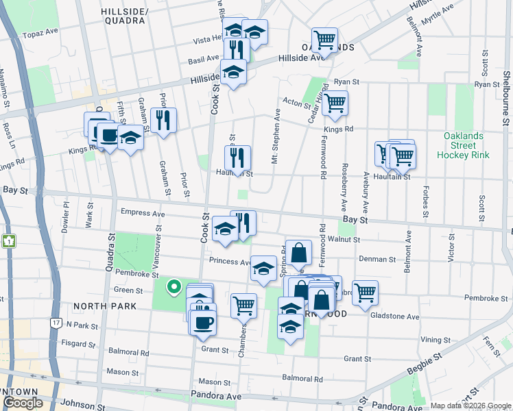 map of restaurants, bars, coffee shops, grocery stores, and more near 1224 Bay Street in Victoria