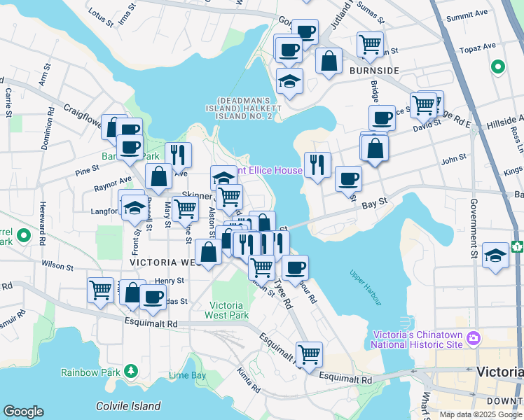 map of restaurants, bars, coffee shops, grocery stores, and more near 771 Central Spur Road in Victoria