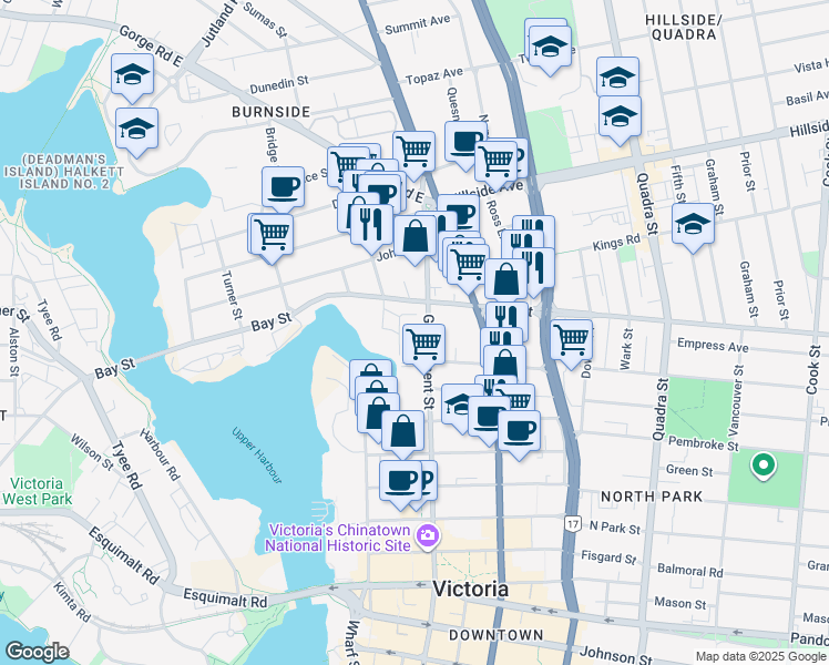 map of restaurants, bars, coffee shops, grocery stores, and more near 2330 Government Street in Victoria