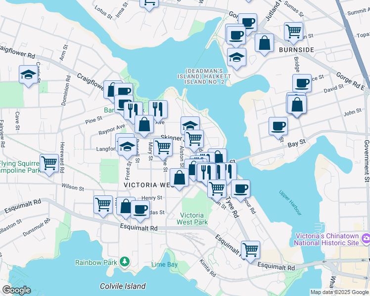 map of restaurants, bars, coffee shops, grocery stores, and more near 163 Langford Street in Victoria