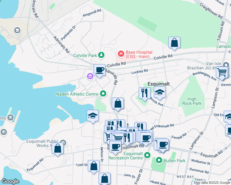 map of restaurants, bars, coffee shops, grocery stores, and more near 735 Admirals Road in Victoria