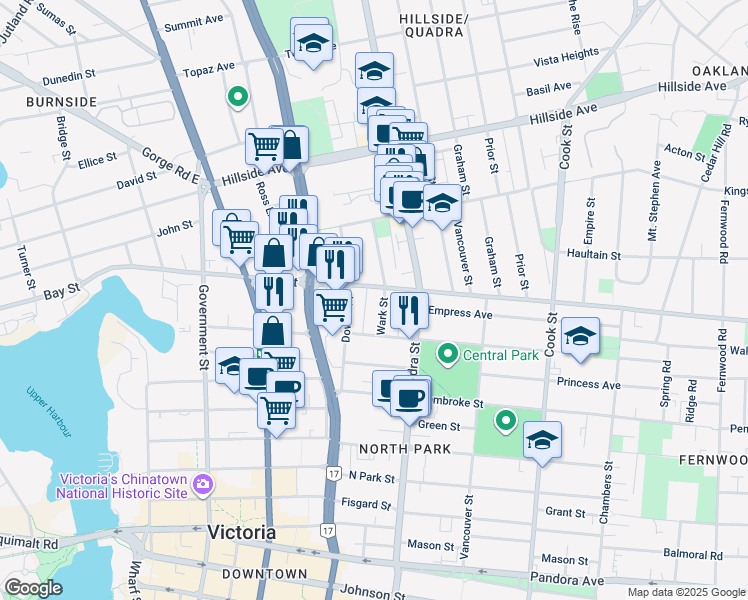 map of restaurants, bars, coffee shops, grocery stores, and more near 2412 Wark Street in Victoria