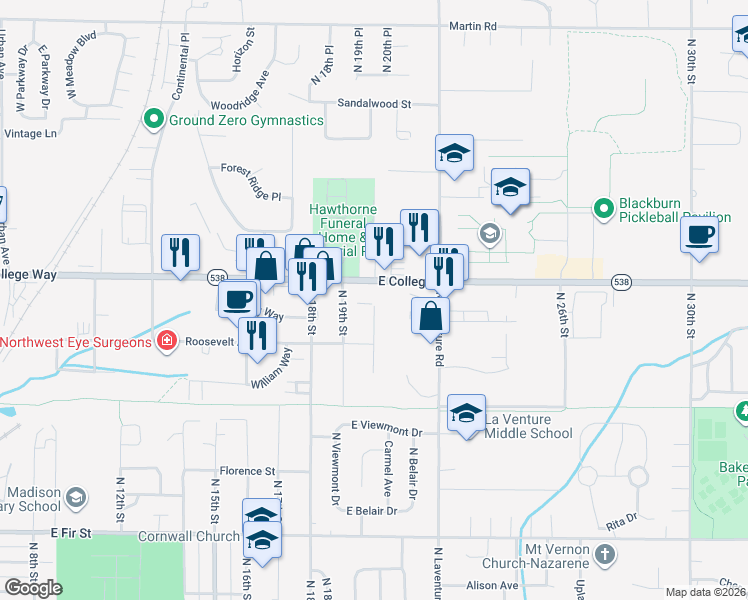 map of restaurants, bars, coffee shops, grocery stores, and more near 1932 East College Way in Mount Vernon
