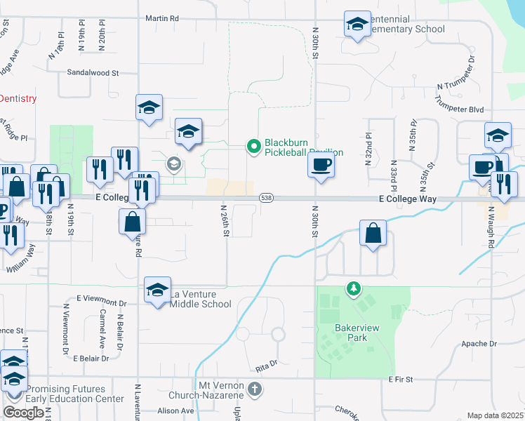 map of restaurants, bars, coffee shops, grocery stores, and more near 1620 J J Place in Mount Vernon