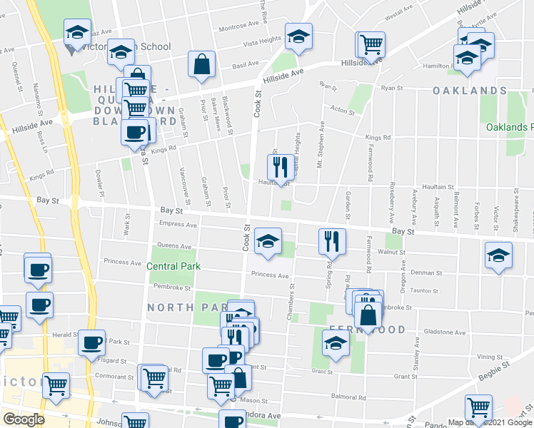 map of restaurants, bars, coffee shops, grocery stores, and more near 2502 Empire Street in Victoria