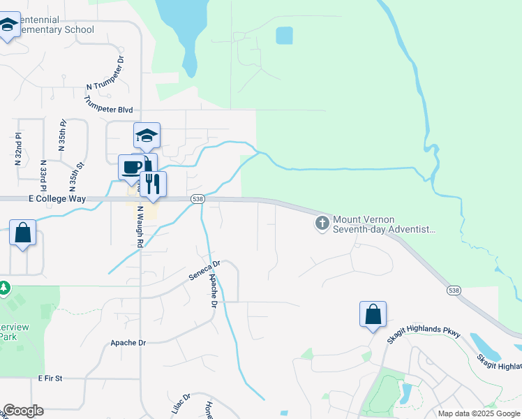 map of restaurants, bars, coffee shops, grocery stores, and more near 4308 East College Way in Mount Vernon