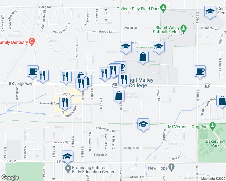 map of restaurants, bars, coffee shops, grocery stores, and more near 2100 East College Way in Mount Vernon