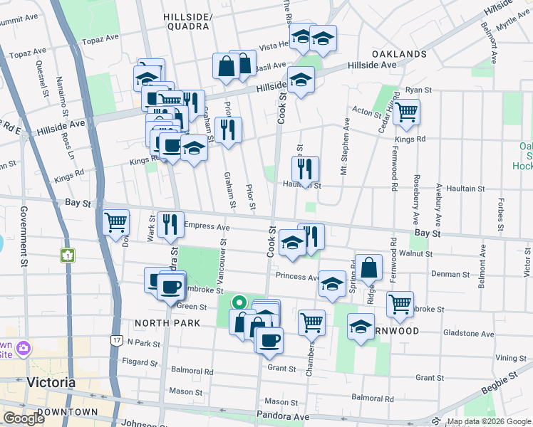 map of restaurants, bars, coffee shops, grocery stores, and more near 2500 Blackwood Street in Victoria