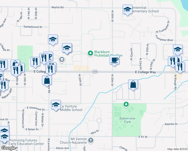 map of restaurants, bars, coffee shops, grocery stores, and more near 1620 J J Place in Mount Vernon