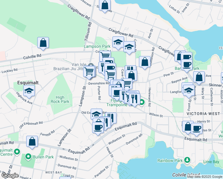 map of restaurants, bars, coffee shops, grocery stores, and more near 754A Fairview Road in Victoria