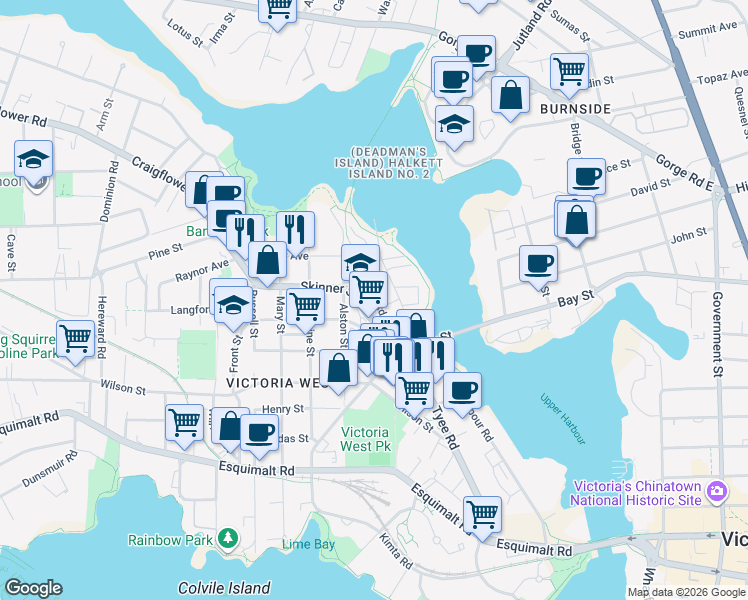 map of restaurants, bars, coffee shops, grocery stores, and more near 163 Langford Street in Victoria