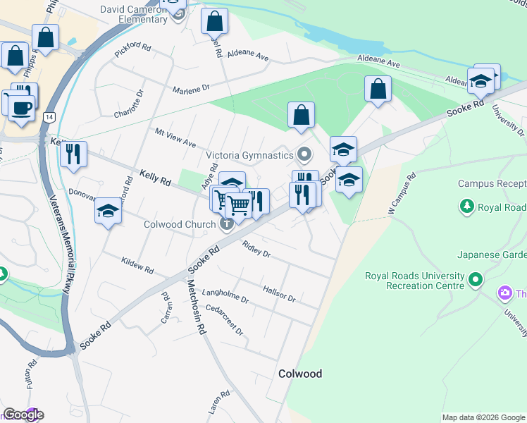 map of restaurants, bars, coffee shops, grocery stores, and more near 2225 Sooke Road in Victoria