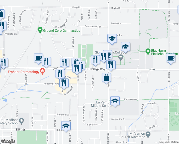map of restaurants, bars, coffee shops, grocery stores, and more near 1610 North 19th Street in Mount Vernon