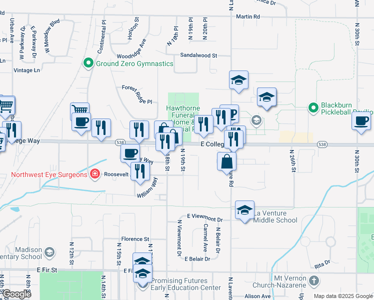 map of restaurants, bars, coffee shops, grocery stores, and more near 1610 North 19th Street in Mount Vernon