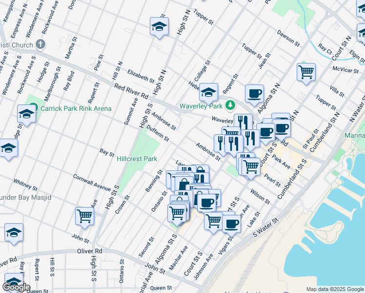 map of restaurants, bars, coffee shops, grocery stores, and more near 361 Dufferin Street in Thunder Bay