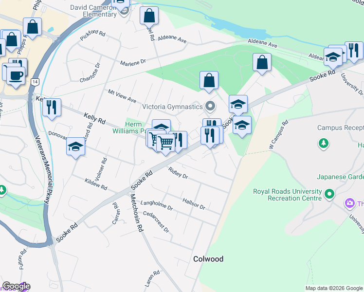 map of restaurants, bars, coffee shops, grocery stores, and more near 2225 Sooke Road in Victoria